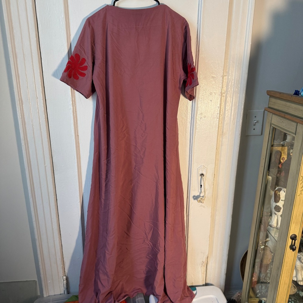 Vtg Maxi Dress Embroidery Peacock Kaftan Mauve Pink Boho Tassel V-Neck Tall M - Picture 6 of 7
